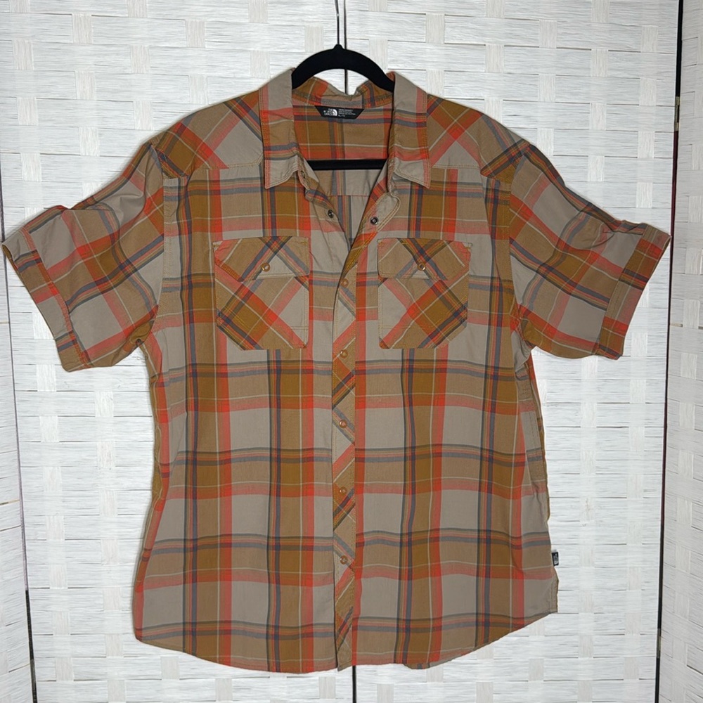 The North Face Men’s Orange/Beige Plaid Casual Snap Button Front S/S Shirt Sz XL